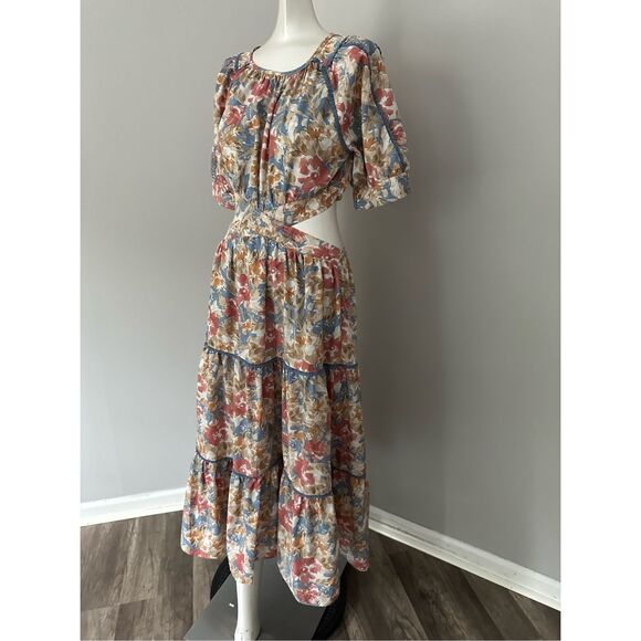 NWT En Saison Floral Cutout Puff Sleeve Soleil Midi Dress Multicolor Medium $145 - Picture 6 of 11